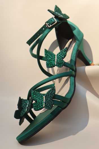 Buy_Shradha Hedau Footwear Couture_Emerald Green Fern Butterfly Applique Kitten Heels _Online_at_Aza_Fashions