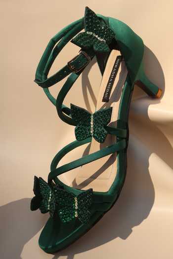 Shop_Shradha Hedau Footwear Couture_Emerald Green Fern Butterfly Applique Kitten Heels _Online_at_Aza_Fashions
