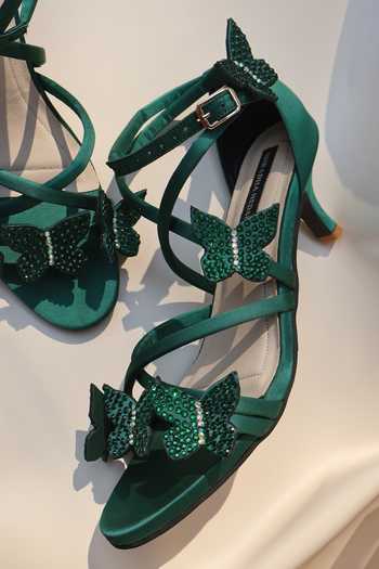 Shradha Hedau Footwear Couture_Emerald Green Fern Butterfly Applique Kitten Heels _at_Aza_Fashions
