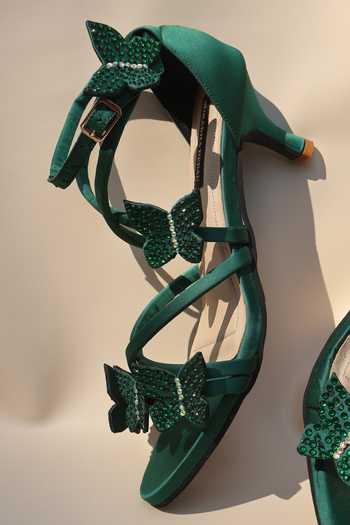 Buy_Shradha Hedau Footwear Couture_Emerald Green Fern Butterfly Applique Kitten Heels 