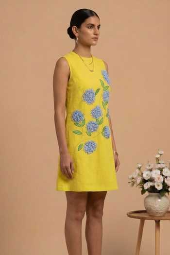 Thetaa_Yellow Poplin Round Neck Lumina Floral Hand Embroidered Dress _Online_at_Aza_Fashions