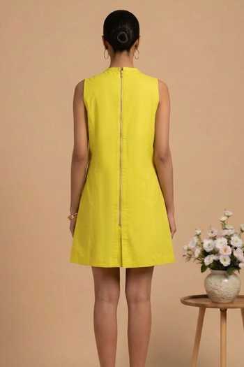 Shop_Thetaa_Yellow Poplin Round Neck Lumina Floral Hand Embroidered Dress _at_Aza_Fashions