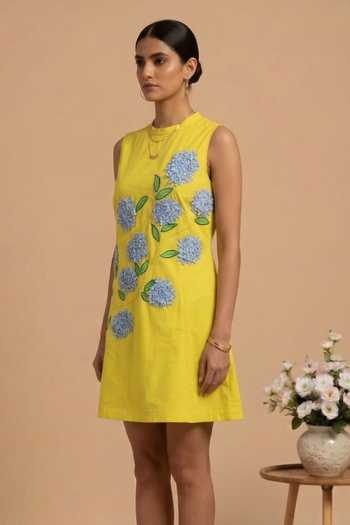 Buy_Thetaa_Yellow Poplin Round Neck Lumina Floral Hand Embroidered Dress _Online_at_Aza_Fashions