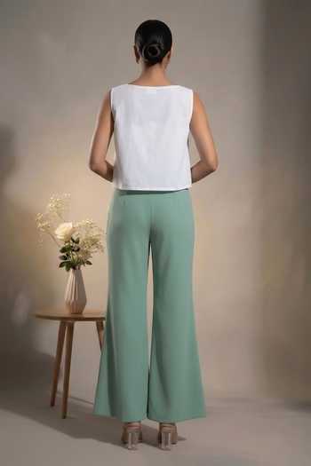Shop_Thetaa_Green Poplin, Crepe Round Neck Elara Hand Embroidered Top With Pant _at_Aza_Fashions