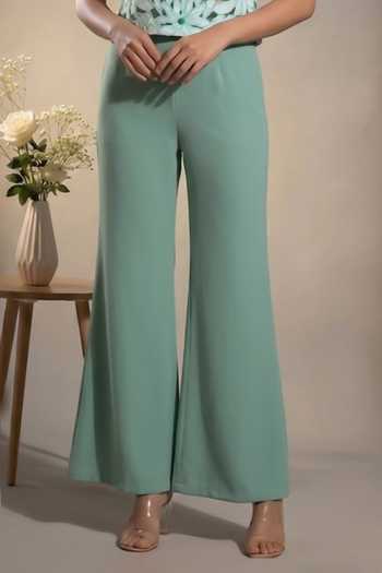 Thetaa_Green Poplin, Crepe Round Neck Elara Hand Embroidered Top With Pant _Online_at_Aza_Fashions
