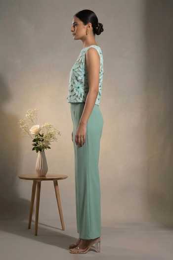 Buy_Thetaa_Green Poplin, Crepe Round Neck Elara Hand Embroidered Top With Pant _Online_at_Aza_Fashions