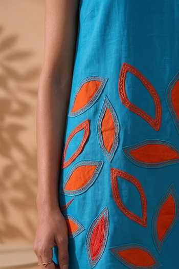 Shop_Thetaa_Blue Cotton, Poplin Round Neck Amara Hand Embroidered Short Dress _at_Aza_Fashions
