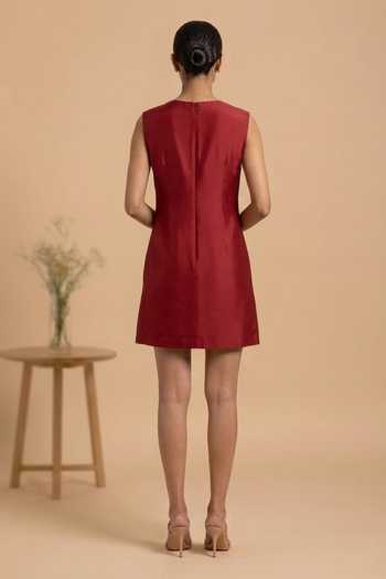 Shop_Thetaa_Red Chanderi, Cotton Bandeau Neck Liora Hand Embroidered Dress _at_Aza_Fashions