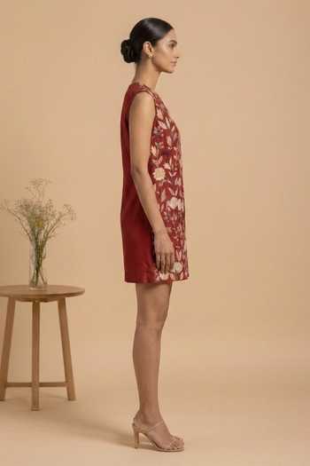 Thetaa_Red Chanderi, Cotton Bandeau Neck Liora Hand Embroidered Dress _Online_at_Aza_Fashions
