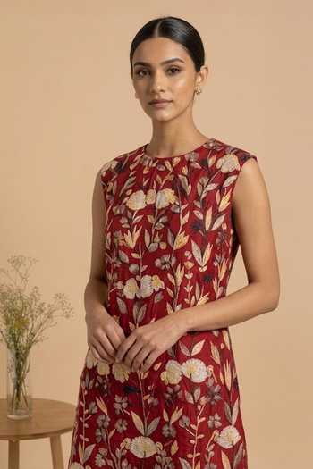 Buy_Thetaa_Red Chanderi, Cotton Bandeau Neck Liora Hand Embroidered Dress _Online_at_Aza_Fashions