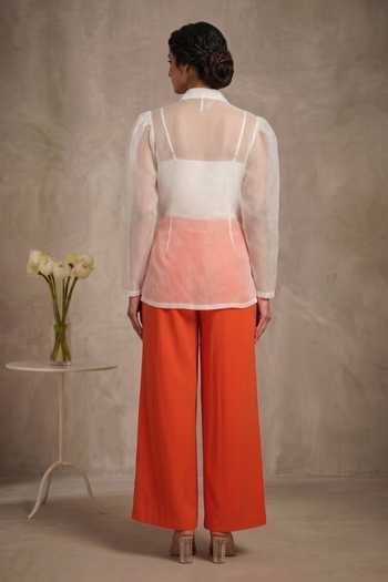 Shop_Thetaa_Orange Organza, Cotton Satin Solara Hand Embroidered Sheer Top And Pant Set _at_Aza_Fashions