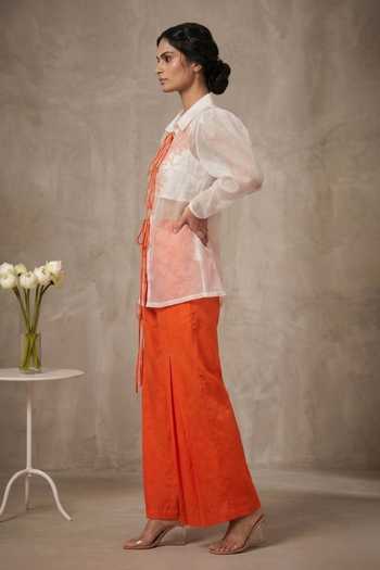 Thetaa_Orange Organza, Cotton Satin Solara Hand Embroidered Sheer Top And Pant Set _Online_at_Aza_Fashions