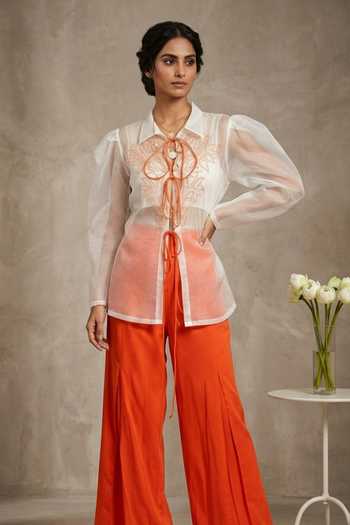 Buy_Thetaa_Orange Organza, Cotton Satin Solara Hand Embroidered Sheer Top And Pant Set _Online_at_Aza_Fashions