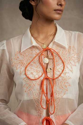 Shop_Thetaa_Orange Organza, Cotton Satin Solara Hand Embroidered Sheer Top And Pant Set _Online_at_Aza_Fashions