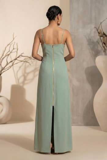 Shop_Thetaa_Green Crepe Plunge Neck Reverie Hand Embroidered Maxi Dress _at_Aza_Fashions