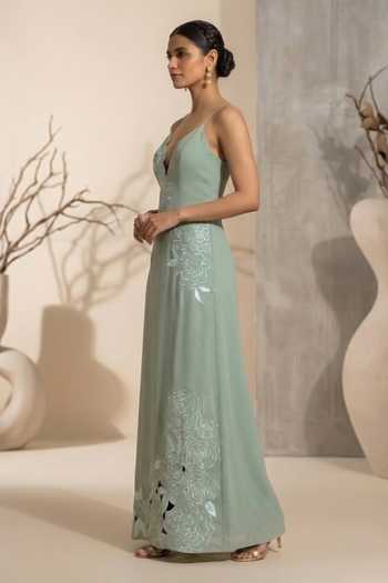 Thetaa_Green Crepe Plunge Neck Reverie Hand Embroidered Maxi Dress _Online_at_Aza_Fashions