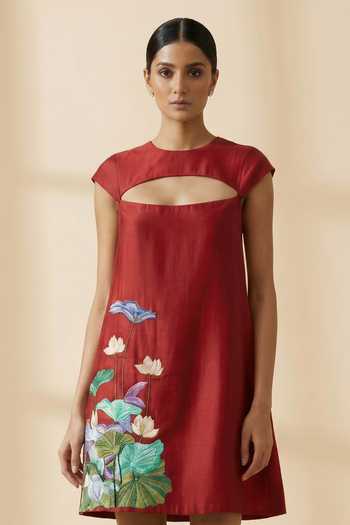 Thetaa_Red Cotton, Chanderi Round Neck Sera Floral Hand Embroidered Dress _Online_at_Aza_Fashions