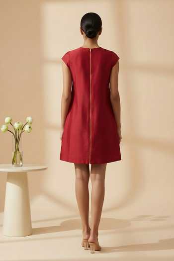 Shop_Thetaa_Red Cotton, Chanderi Round Neck Sera Floral Hand Embroidered Dress _at_Aza_Fashions