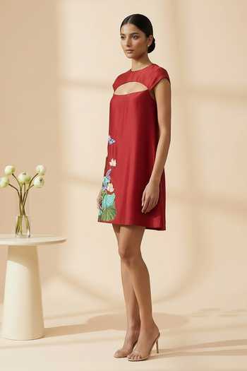 Buy_Thetaa_Red Cotton, Chanderi Round Neck Sera Floral Hand Embroidered Dress _Online_at_Aza_Fashions