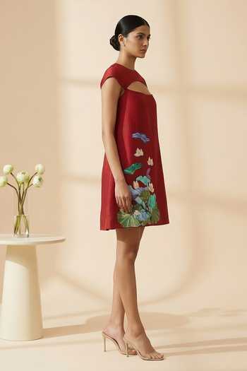 Shop_Thetaa_Red Cotton, Chanderi Round Neck Sera Floral Hand Embroidered Dress _Online_at_Aza_Fashions