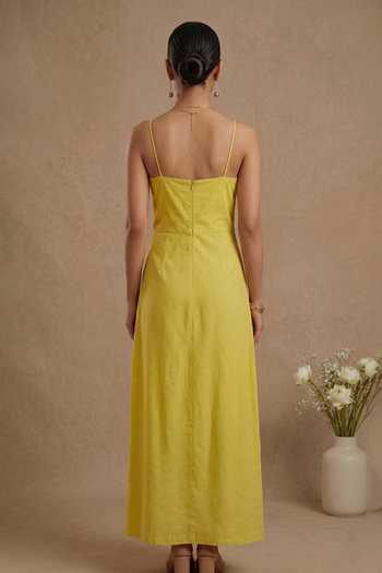 Shop_Thetaa_Yellow Cotton, Poplin Sweetheart Neck Stella Sculpted Bodice Dress _at_Aza_Fashions