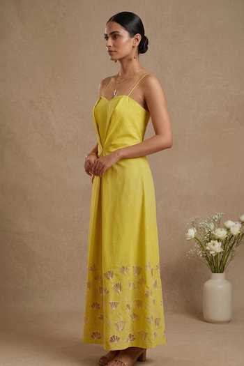 Shop_Thetaa_Yellow Cotton, Poplin Sweetheart Neck Stella Sculpted Bodice Dress _Online_at_Aza_Fashions