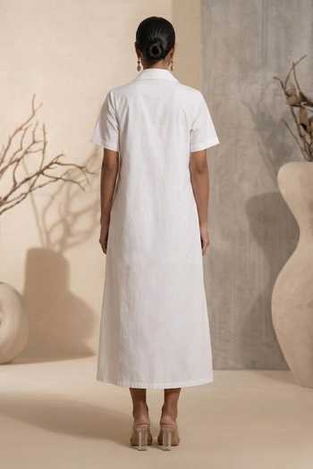 Shop_Thetaa_White Cotton, Poplin Collared Neck Cerise Floral Pattern Dress _at_Aza_Fashions