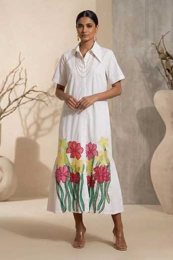 Buy_Thetaa_White Cotton, Poplin Collared Neck Cerise Floral Pattern Dress _at_Aza_Fashions
