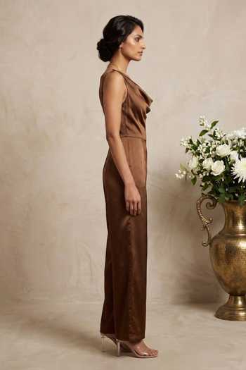 Thetaa_Brown Satin Cowl Hand Embroidered Imported Draped Cowl-neck Wide-leg Jumpsuit _Online_at_Aza_Fashions