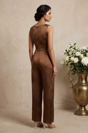 Shop_Thetaa_Brown Satin Cowl Hand Embroidered Imported Draped Cowl-neck Wide-leg Jumpsuit _at_Aza_Fashions