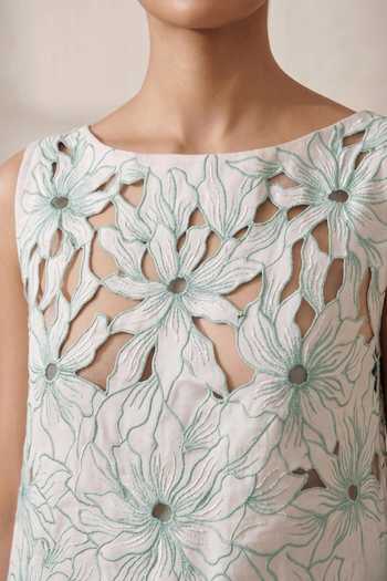 Thetaa_Green Cotton Boat Neck Avira Floral Hand Embroidered Cutwork Dress _Online_at_Aza_Fashions