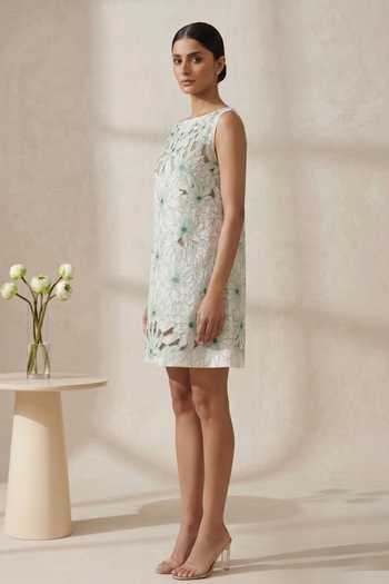 Buy_Thetaa_Green Cotton Boat Neck Avira Floral Hand Embroidered Cutwork Dress _Online_at_Aza_Fashions