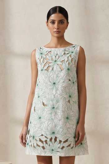 Shop_Thetaa_Green Cotton Boat Neck Avira Floral Hand Embroidered Cutwork Dress _Online_at_Aza_Fashions