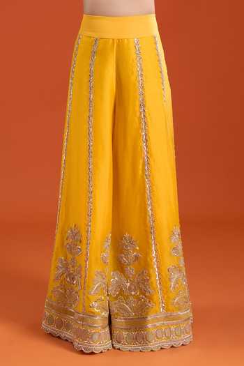 Buy_Anamika Khanna_Yellow Embroidery, Zari Round Neck, Yes Kurta And Palazzo Set 