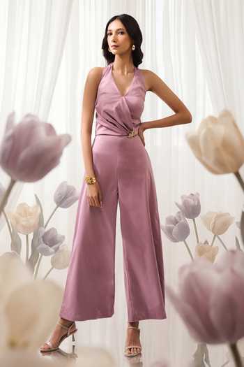 Buy_Naintara Bajaj_Pink Side Placed Brooch Halter Jumpsuit _at_Aza_Fashions