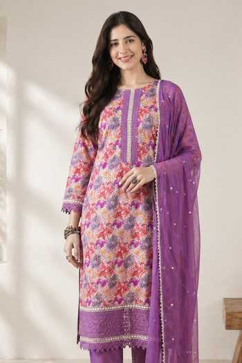Buy_Jhambthreads_Purple Pure Cotton, Chiffon Round Neck Floral Pattern Kurta Set _Online_at_Aza_Fashions