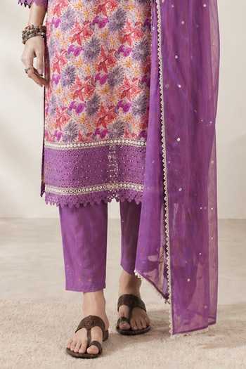 Shop_Jhambthreads_Purple Pure Cotton, Chiffon Round Neck Floral Pattern Kurta Set _Online_at_Aza_Fashions