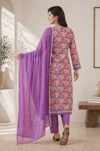 Shop_Jhambthreads_Purple Pure Cotton, Chiffon Round Neck Floral Pattern Kurta Set _at_Aza_Fashions