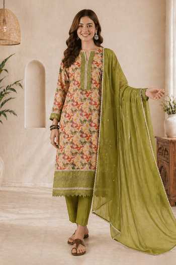 Buy_Jhambthreads_Green Chiffon, Pure Cotton Split V-neck Embroidered And Printed Kurta Set _at_Aza_Fashions