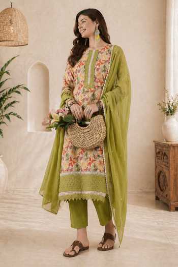 Shop_Jhambthreads_Green Chiffon, Pure Cotton Split V-neck Embroidered And Printed Kurta Set _Online_at_Aza_Fashions