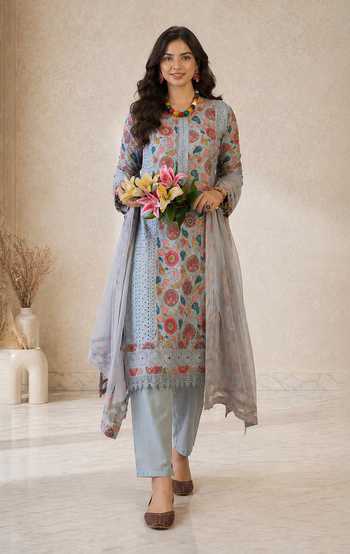Shop_Jhambthreads_Sky Blue Cotton, Chiffon Round Neck, Yes Embroidered And Printed Kurta Set _at_Aza_Fashions