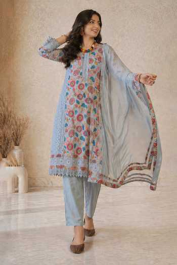 Buy_Jhambthreads_Sky Blue Cotton, Chiffon Round Neck, Yes Embroidered And Printed Kurta Set _at_Aza_Fashions