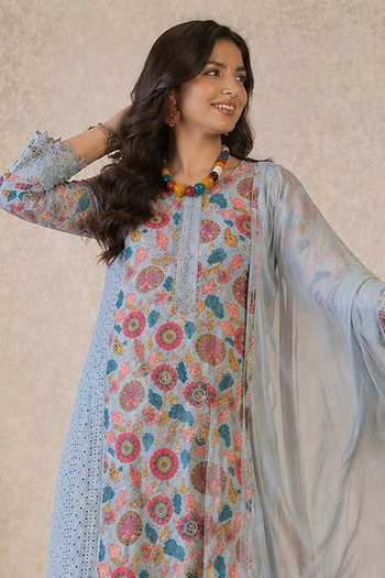 Shop_Jhambthreads_Sky Blue Cotton, Chiffon Round Neck, Yes Embroidered And Printed Kurta Set _Online_at_Aza_Fashions