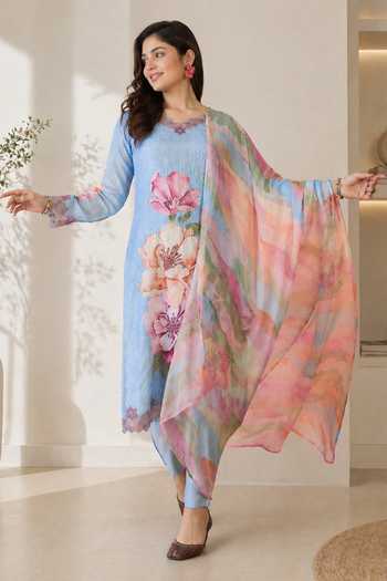 Buy_Jhambthreads_Sky Blue Silk, Chiffon V-neck Printed Kurta Pant Set _Online_at_Aza_Fashions
