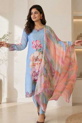 Buy_Jhambthreads_Sky Blue Silk, Chiffon V-neck Printed Kurta Pant Set _at_Aza_Fashions