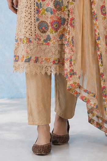 Jhambthreads_Beige Chiffon, Pure Cotton Round Neck, Yes Kurta Set _Online_at_Aza_Fashions