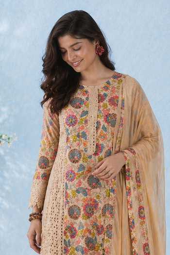 Buy_Jhambthreads_Beige Chiffon, Pure Cotton Round Neck, Yes Kurta Set _Online_at_Aza_Fashions