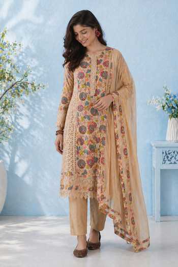 Buy_Jhambthreads_Beige Chiffon, Pure Cotton Round Neck, Yes Kurta Set _at_Aza_Fashions