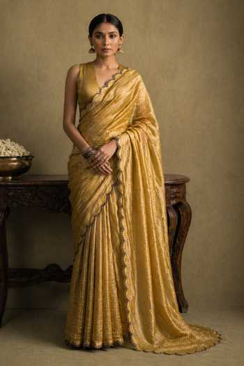 Shop_Jhambthreads_Yellow Chanderi, Jacquard Hand Embroidered Saree And Unstitched Blouse Piece _at_Aza_Fashions