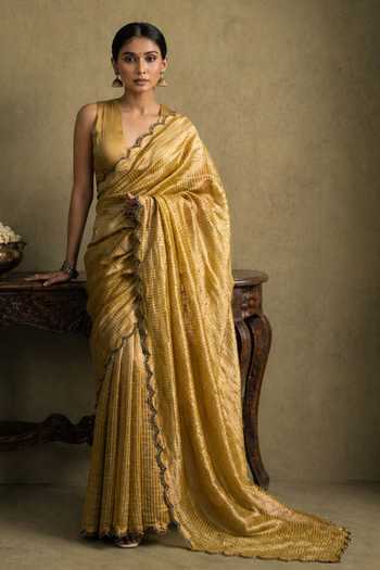 Buy_Jhambthreads_Yellow Chanderi, Jacquard Hand Embroidered Saree And Unstitched Blouse Piece _at_Aza_Fashions
